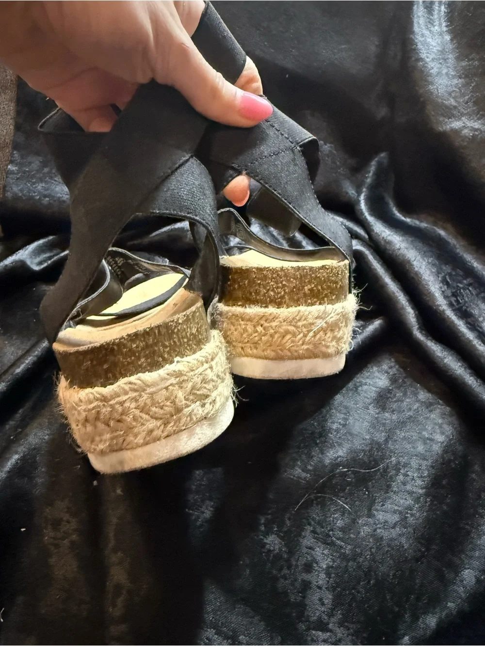 Black Elastic-Strap Espadrille Platform Sandals